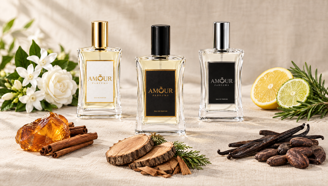 Three AMOUR Parfums eau de parfum bottles in white-gold, black-gold and black-silver, surrounded by ingredients of the five fragrance families